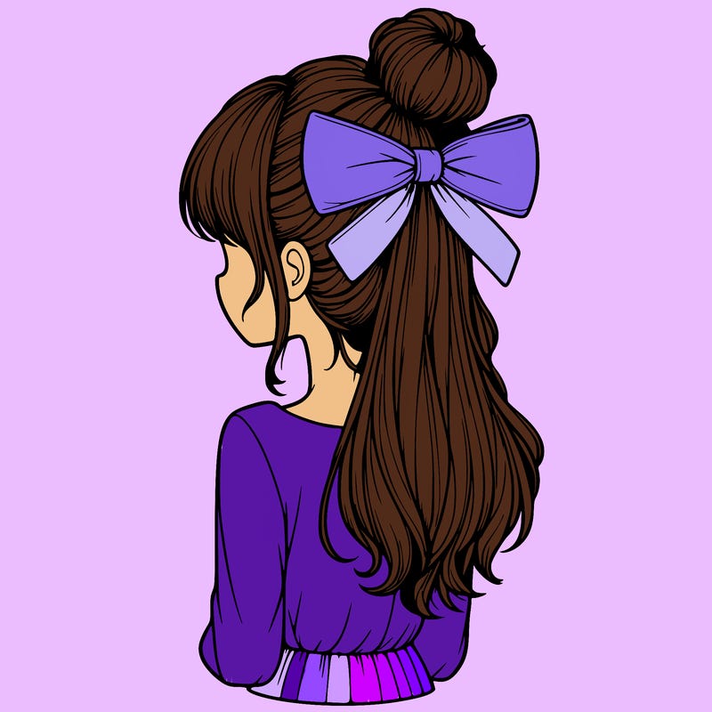 realistic girl  with hip length hair a bun and a big bow on the back of head