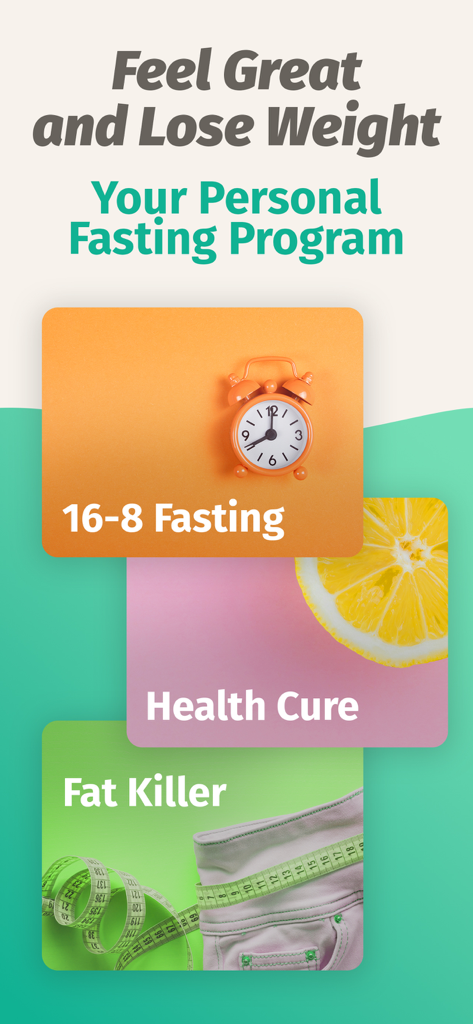 Personalized fasting programs including 16-8 fasting, health cure, and fat killer.