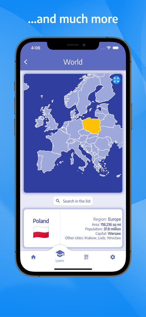 Bildschirm einer Geografie-App, der Polen auf einer Karte mit Bevölkerungs- und Hauptstadtinformationen zeigt