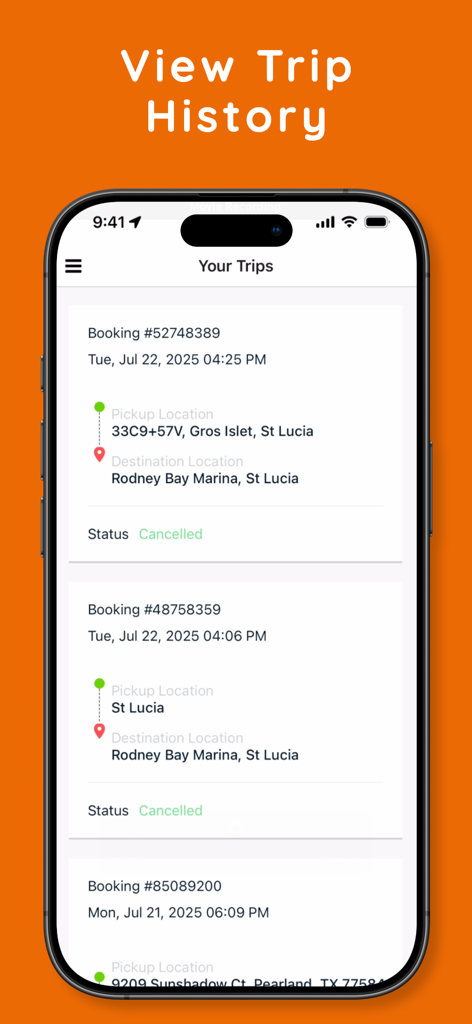 Allez - Allez mobile app interface showing a list of past trip bookings and ride history in St. Lucia.