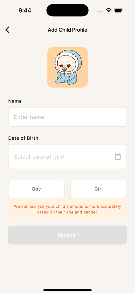 Waa Waa - Pantalla de agregar perfil de hijo en la aplicación Waa Waa que muestra campos para nombre y fecha de nacimiento.