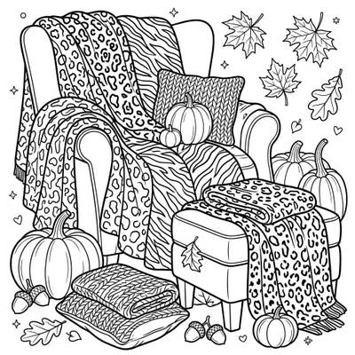Dive into the cozy charm of autumn with this delightful coloring page featuring an armchair draped in trendy animal print throws. Surrounded by festive pumpkins and scattered fall leaves, it's the perfect scene to color as you unwind.