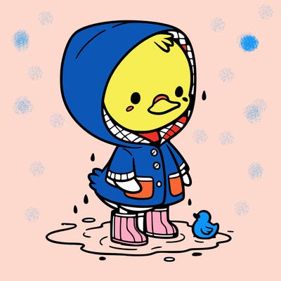 baby duck in a rain coat and boots, in a puddle while it’s raining