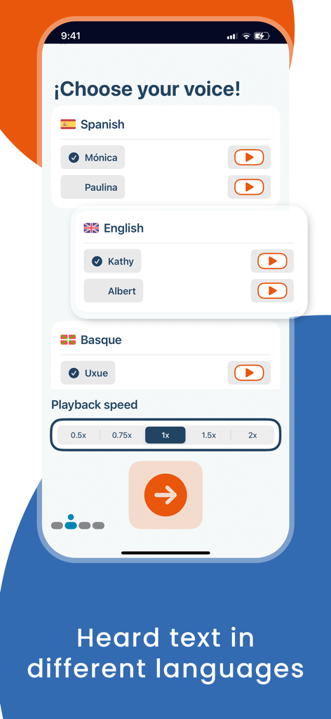 LUP: Reader, text to speech - Interface of the LUP app showing voice selection options for different languages and playback speed settings