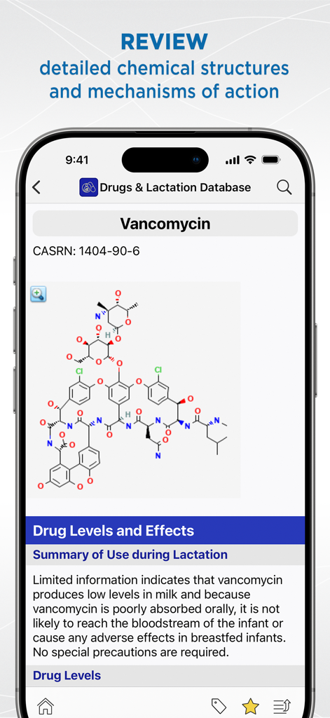 LactMedアプリの画面。バンコマイシンの化学構造と授乳の安全性に関する概要が表示されます。