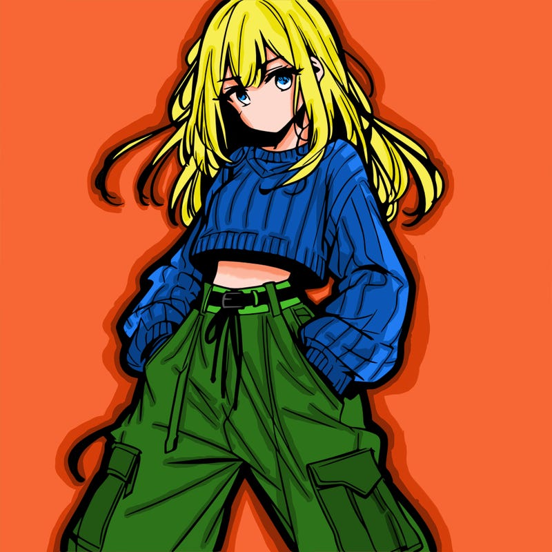 anime teen girl with baggy pants and crop top with sweater