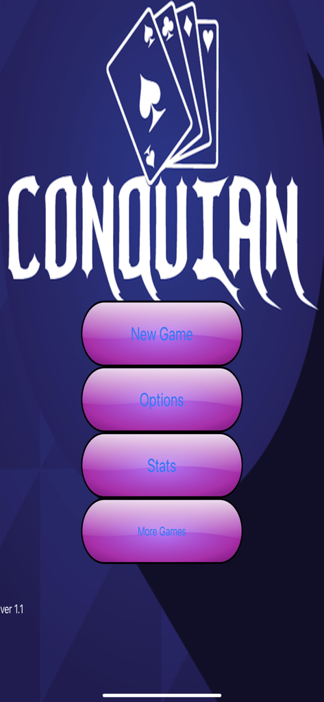 Conquian Classic - Main menu screen of the Conquian Classic mobile card game featuring buttons for New Game, Options, and Stats.