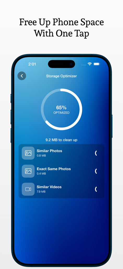 Photo Gallery - Media Manager - La interfaz del Optimizador de Almacenamiento de la aplicación Galería de Fotos que muestra opciones para eliminar fotos y videos similares y duplicados para liberar espacio de almacenamiento.