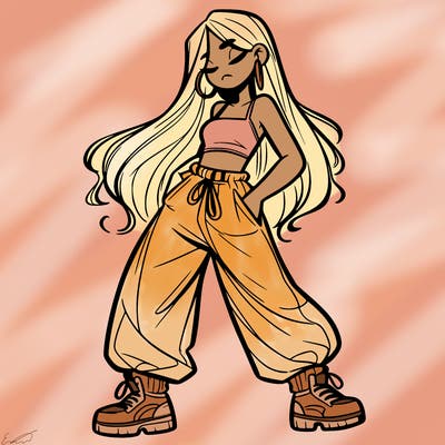 girl in baggy pants crop top and long hair