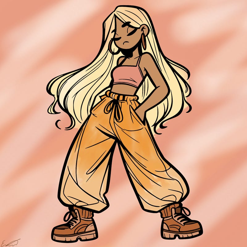 girl in baggy pants crop top and long hair