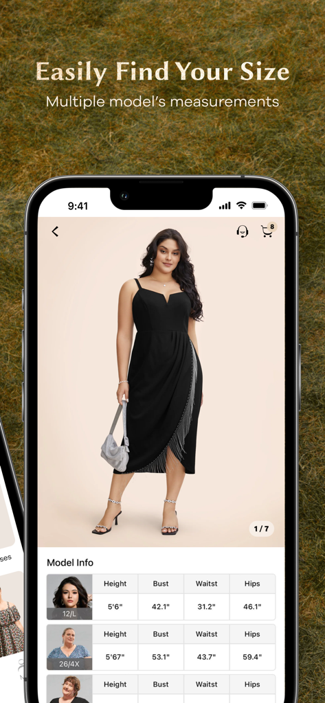 BloomChic | A Re-Imagining - BloomChic mobile app displaying detailed model measurements to help users find the perfect fit