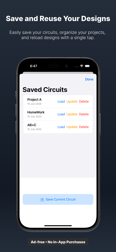 Logic Circuits Simulator - Screen showing the saved circuits list with options to load update and delete projects
