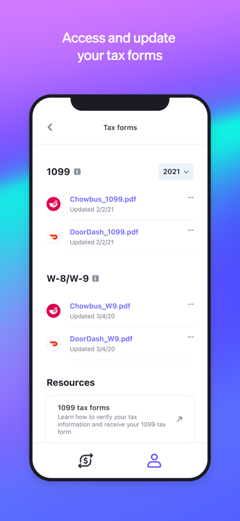 Stripe Express - Stripe Express mobile app screen showing 1099 and W9 tax forms for gig platforms