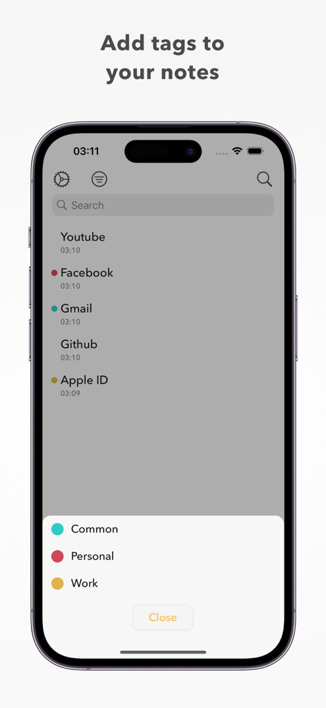 Cloud Passwords - Interfaz de la aplicación Contraseñas en la Nube mostrando etiquetas categorizadas para notas de cuentas.