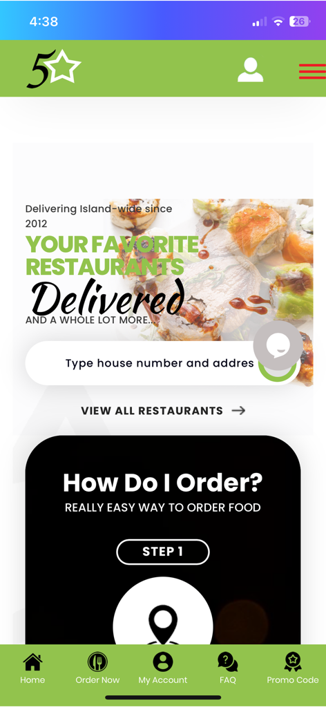 Pantalla de inicio de la app de entrega a domicilio Five Star que muestra opciones de entrega de restaurantes y una barra de búsqueda de direcciones.