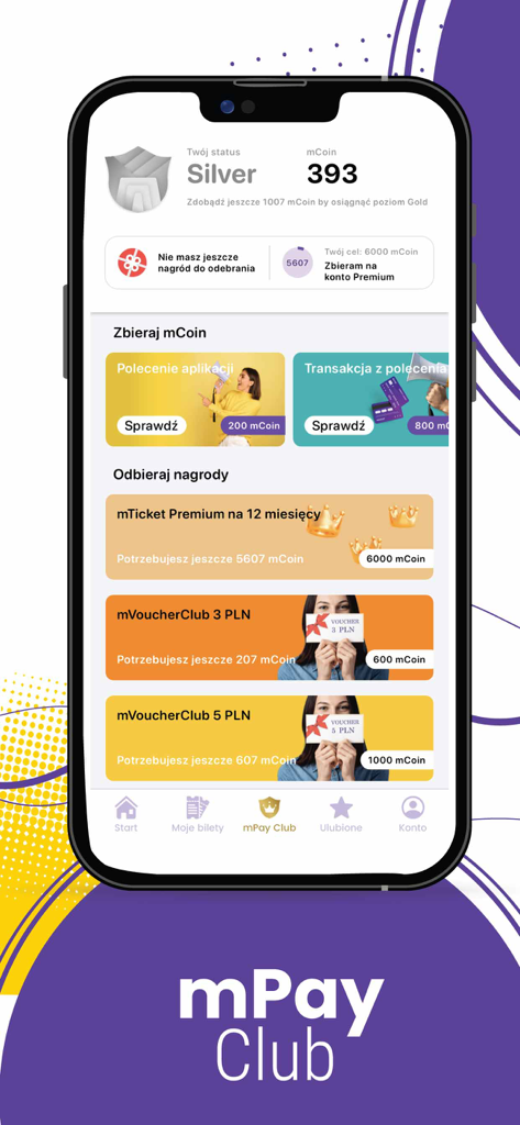 Tela do programa de fidelidade mPay Club mostrando status prata e opções de recompensa