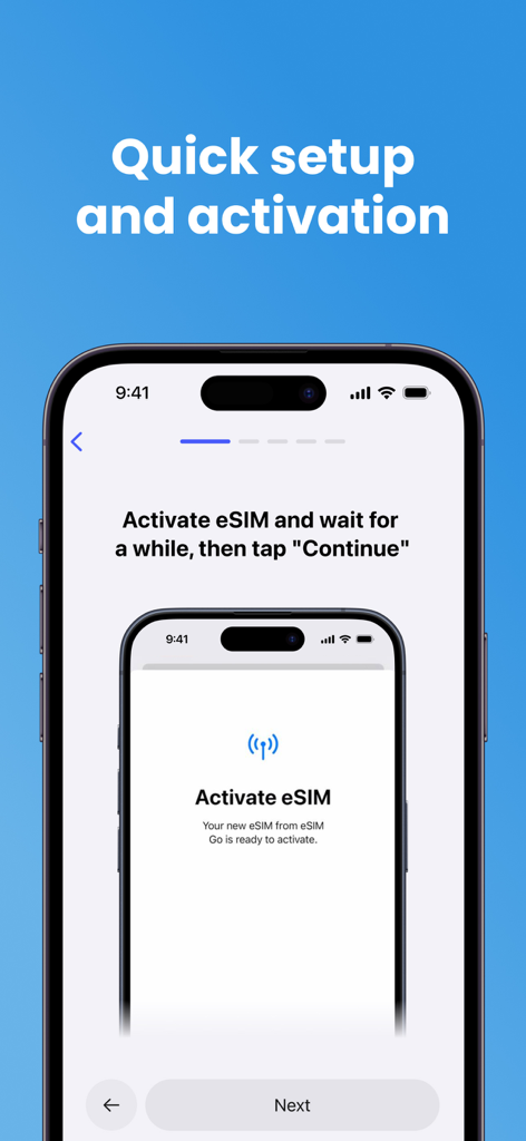 Quick setup and activation screen for eSim travel app on iPhone