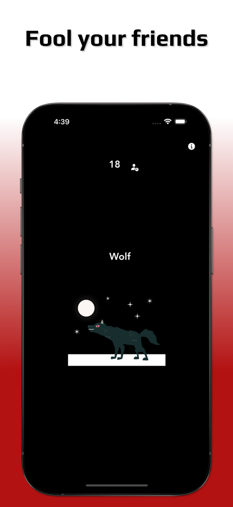 The Wolf: Party Game - A screenshot of The Wolf Party Game on an iPhone displaying the Wolf role assignment screen with a howling wolf illustration and the text Fool your friends.