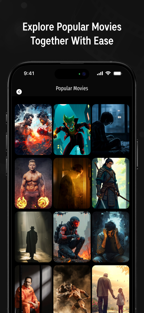 Movies Hub : Movies & TV Shows - A mobile interface of the Movies Hub app showing a grid of popular movie posters for easy browsing and discovery.
