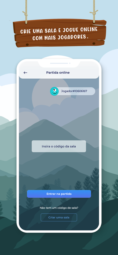 Jogo Stop - Adedonha - Interface do aplicativo Jogo Stop mostrando opções para inserir um código de sala ou criar uma nova sala de partida online.
