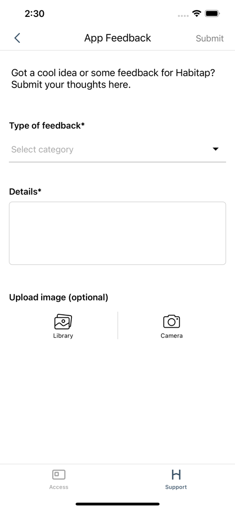 Marina One Office - Marina One Office app feedback screen showing fields for feedback type, details, and image uploads