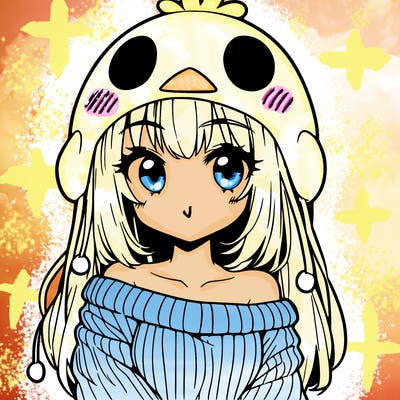 anime girl with chick shaped hat with sweater with bare shoulders with bangs covering them one eye with low tail