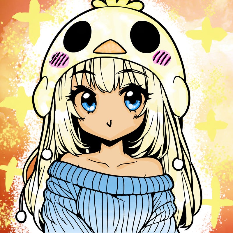 anime girl with chick shaped hat with sweater with bare shoulders with bangs covering them one eye with low tail