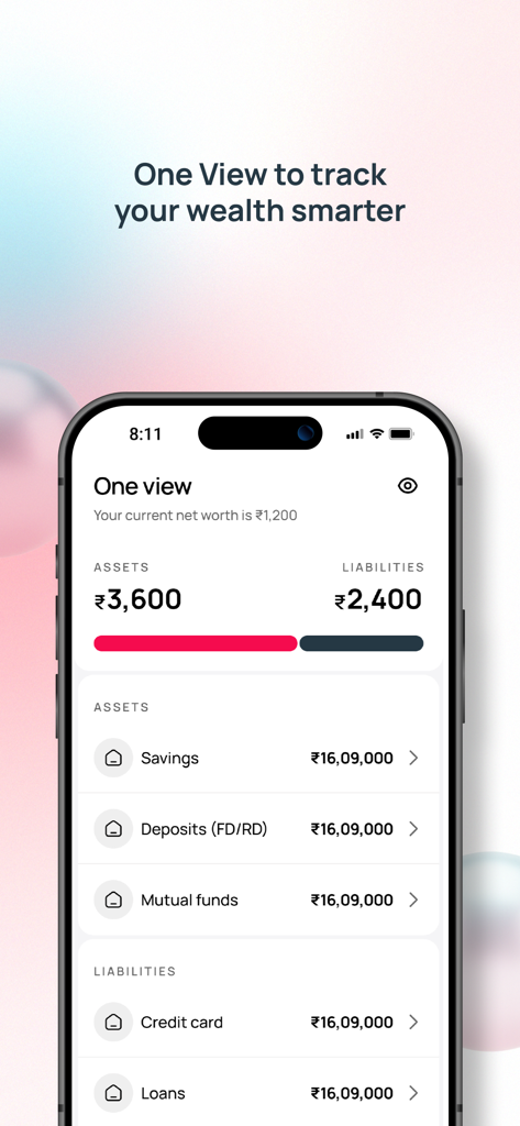 Kotak 811 mobile app dashboard showing a summary of assets and liabilities for wealth tracking