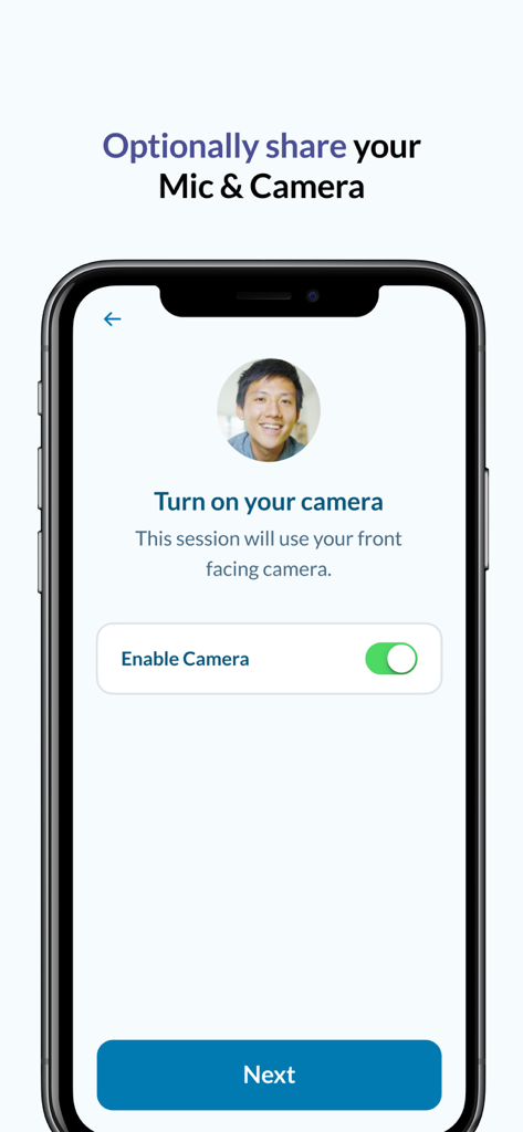 Lookback Participate - Mobilbildschirm der Lookback Participate App, der eine Option zur Aktivierung der Frontkamera für eine Research-Sitzung anzeigt.