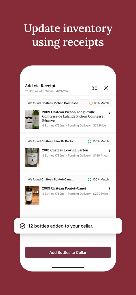 A mobile app screen showing several wine bottles identified from a scanned receipt to be added to a digital wine cellar inventory.