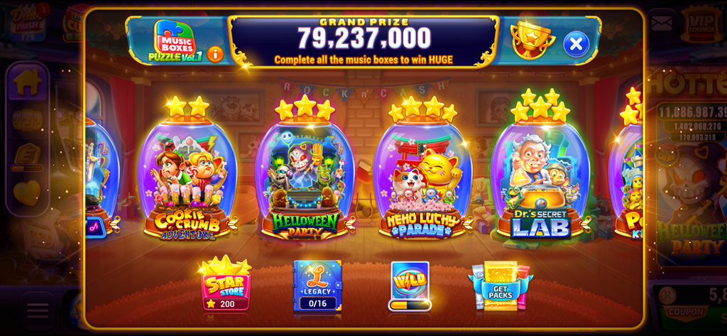 Rock N Cash Casino gameplay showing the Music Boxes Puzzle event with different themed slot machine categories