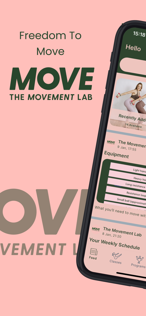 The Movement Lab On-Demand - Smartphone showing The Movement Lab On-Demand Pilates and Barre app interface with a weekly schedule and equipment list.