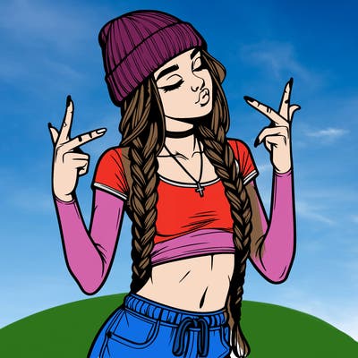 realistic teenage girl with braids and a beanie and crop top doing 🫶🏼