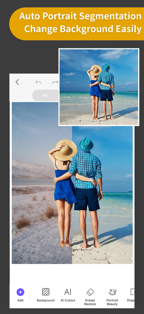 ProKnockOut app interface showing auto portrait segmentation and background replacement feature with a before and after comparison