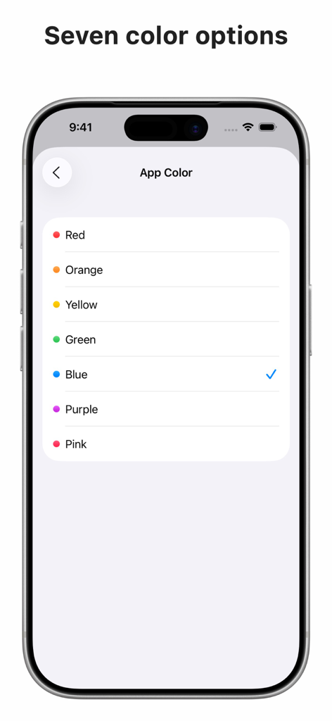 TMBR: Track My Bible Reading - Pantalla que muestra siete opciones de color para personalizar la interfaz de la aplicación de seguimiento de la Biblia TMBR.