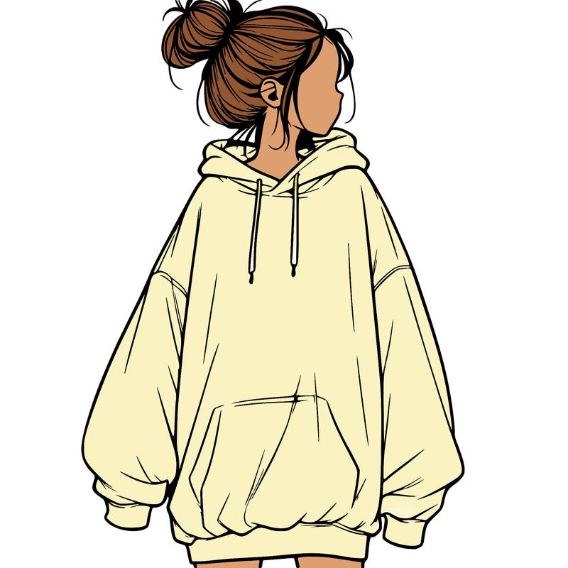realistic girl with a oversized sweatshirt on and a bun