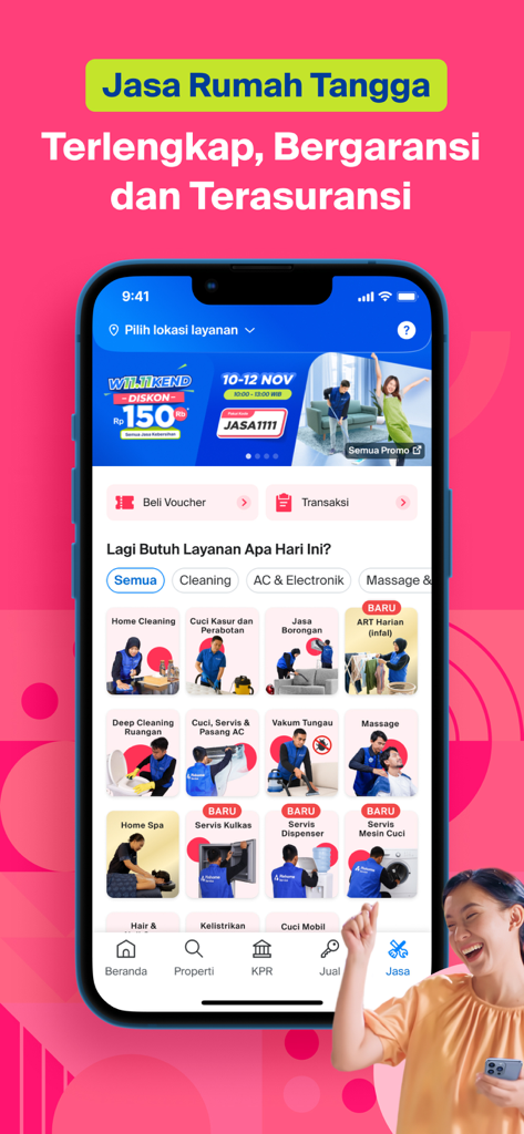 Pantalla de la aplicación móvil Pinhome que muestra una variedad de servicios para el hogar que incluyen limpieza, masajes y reparación de electrodomésticos.