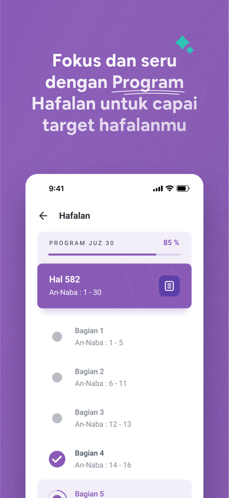 Hifz: Hafalan Qur’an Modern - Oberfläche der mobilen App, die den Fortschritt der Koran-Auswendiglärung für Juz 30 mit einer Checkliste für Sure An-Naba zeigt
