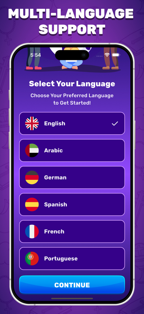Language selection screen in Bible Quiz Trivia Game with options for English, Spanish, French, and more.