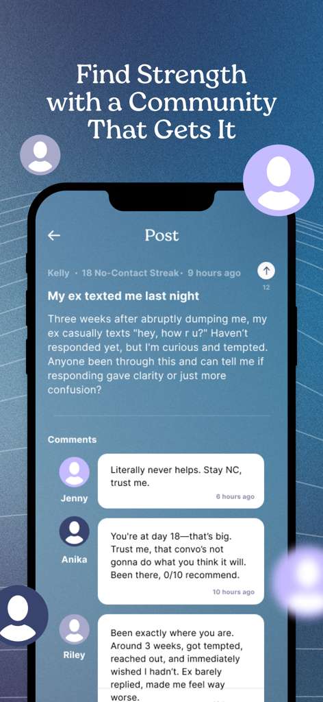 No Contact Tracker Pro - Fórum da comunidade no aplicativo No Contact Tracker Pro onde os usuários fornecem suporte e conselhos sobre como manter o contato zero após um término.