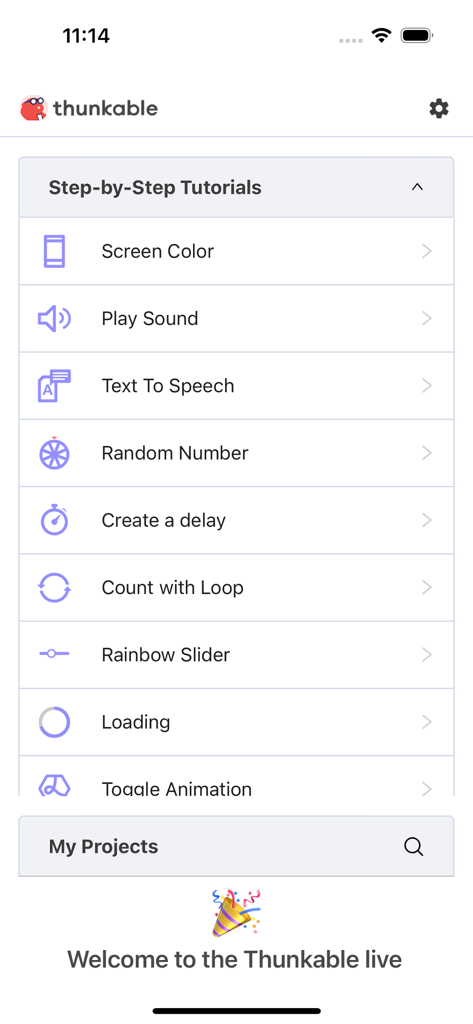 Thunkable Live - Interface of the Thunkable Live app showing a list of step by step tutorials for no code mobile app development