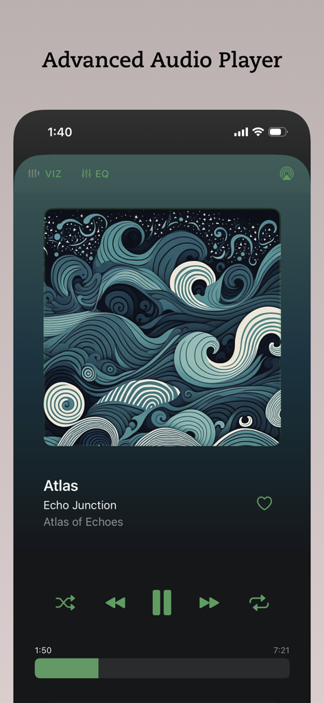 Muziqi - Pro Music Player - Interfaz avanzada del reproductor de audio de la app Muziqi Pro Music Player mostrando controles de reproducción y carátula del álbum