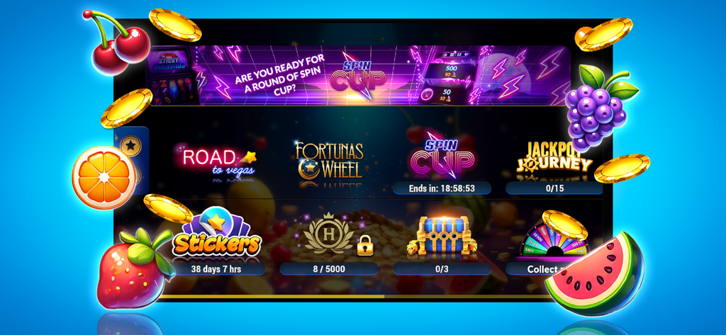 Super Slots Rush Classic - Main menu screen of Super Slots Rush Classic featuring various slot game modes and colorful fruit icons