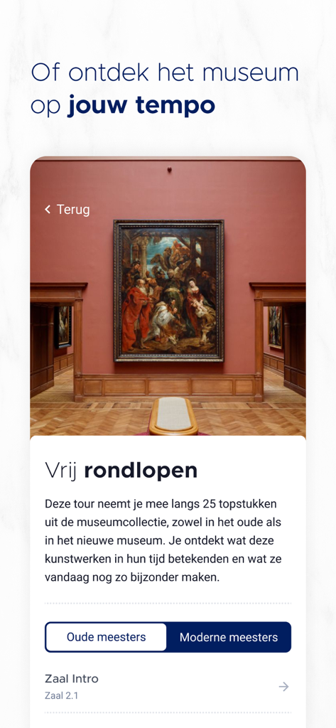 Interface of the KMSKA mobile app showing a museum gallery and options for free tours of art masterpieces