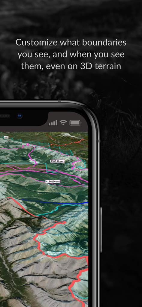 iHunter - iPhone display showing iHunter app with 3D satellite terrain and colorful hunting zone boundaries