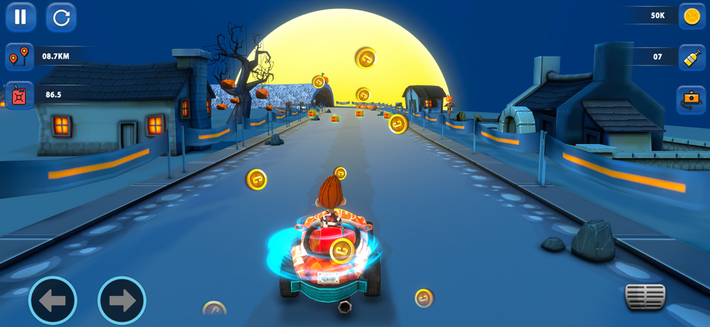 Beach Car: Buggy Racing Games - バギーが不気味な村の月明かりの道を、金貨を集めながらレースしている