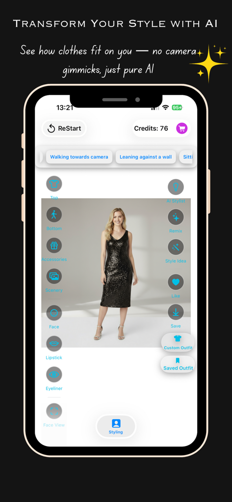 AI Outfit Generator app showing a woman in a virtual black sequin dress with styling icons