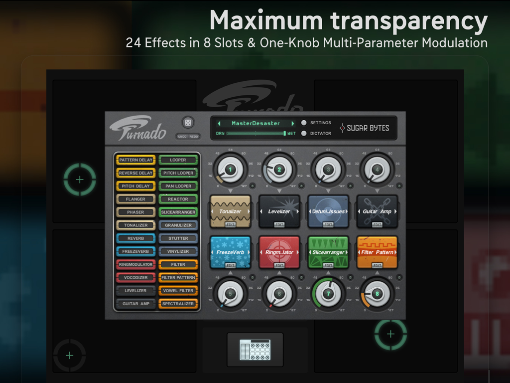 Turnado app interface featuring eight effect slots and one-knob multi-parameter modulation controls
