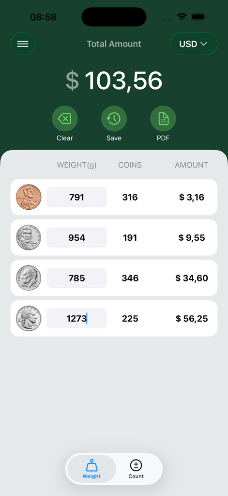 Coin Counter - CoinPouch - CoinPouch App-Bildschirm, der den durch Wiegen von Münzen berechneten gesamten USD-Wert anzeigt