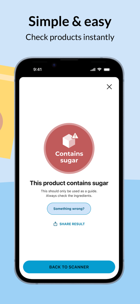 Sugar Free Scanner - Sugar Free Scanner app displaying a red notification that a scanned product contains sugar